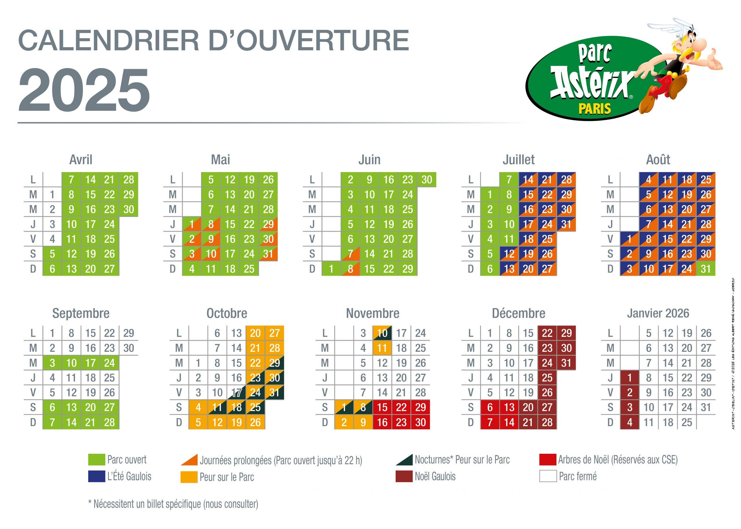 Calendrier d'ouverture Parc Astérix 2025 billets CE