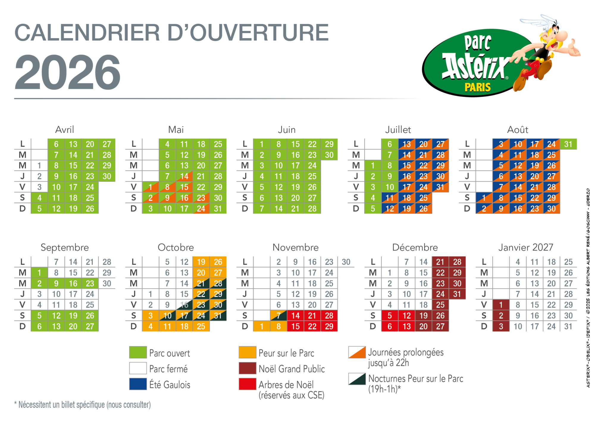 Calendrier d'ouverture Parc Astérix 2026 billets CE